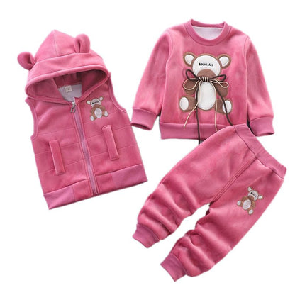 Odziezet Toddler Warm Outfit Children's Hooded Sleeveless Vest Suit Baby Winter Three Piece Outfits Child Long Sleeve Sweatshirt Trousers Sets Babies Cartoon Bear Clothing 0-4 Years