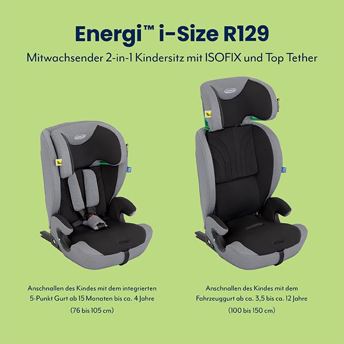 Graco Energi™ i-Size R129 Kindersitz, Autositz vorwärtsgerichtet ab 15 Monaten bis ca. 12 Jahre (76-150 cm), 5-Punkt-Gurtsystem, ISOFIX und Tether, Installation mit Fahrzeuggurt, grau/schwarz, Meteor