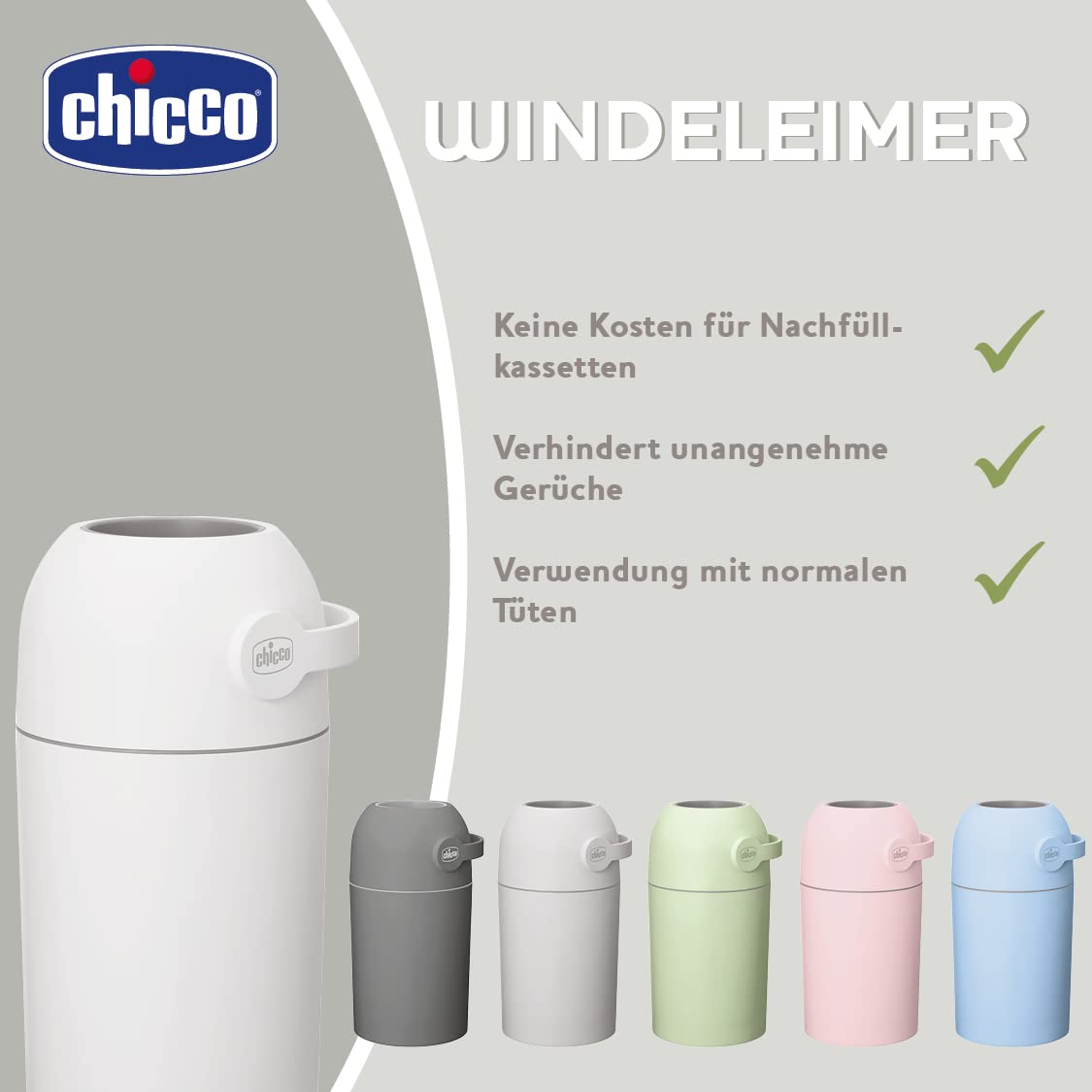 Chicco Windeleimer Odour Off, geruchsdichtes System, platzsparender Baby Windeleimer mit Deckel, einfach zu benutzen und zu reinigen, Ohne Nachfüllkassetten, funktioniert mit herkömmlichen Tüten
