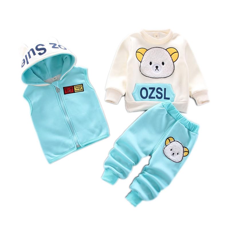 Odziezet Toddler Warm Outfit Children's Hooded Sleeveless Vest Suit Baby Winter Three Piece Outfits Child Long Sleeve Sweatshirt Trousers Sets Babies Cartoon Bear Clothing 0-4 Years