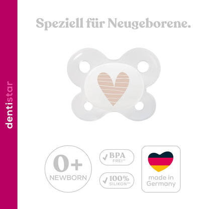 Dentistar® Silikon Schnuller 2er-Set – Größe 0 für 0-2 Monate – Zahnfreundlicher & kiefergerechter Silikonschnuller mit Dental-Stufe – Beige mit Herz-Motiv – BPA-frei – Made in Germany