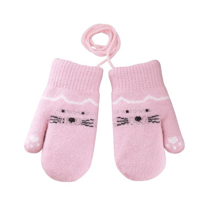 Kids Winter Gloves Mittens Baby Cartoon Mitten Neck Gloves Thick Double Knitted Glove with Plush,0 - 3 years old, Playing, Running, Skiing