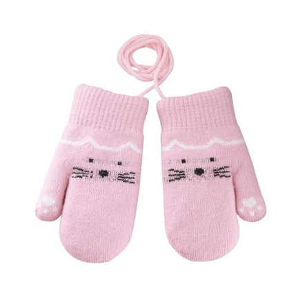Kids Winter Gloves Mittens Baby Cartoon Mitten Neck Gloves Thick Double Knitted Glove with Plush,0 - 3 years old, Playing, Running, Skiing
