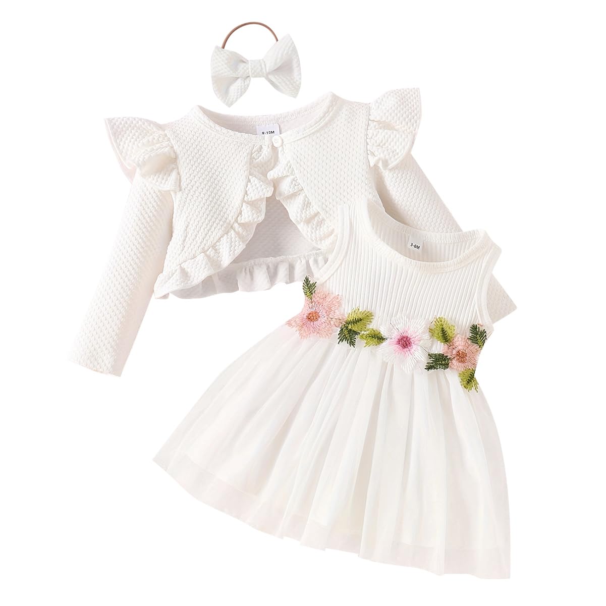 Baby Mädchen Kleid Strickjacke Sets 3 Stück Neugeborene Kleidung Jäckchen + Kleid + Stirnband Frühling Sommer Herbst Winter Langarm Jacke Ärmelloses Kleid für Hochzeit Weihnachten