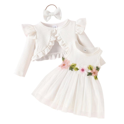 Baby Mädchen Kleid Strickjacke Sets 3 Stück Neugeborene Kleidung Jäckchen + Kleid + Stirnband Frühling Sommer Herbst Winter Langarm Jacke Ärmelloses Kleid für Hochzeit Weihnachten