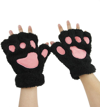 AfinderDE Half Gloves Fingerless Gloves Women Girls Plush Half Thick Warm Finger Gloves Cartoon Animal Bear Cat Claws Winter Gloves