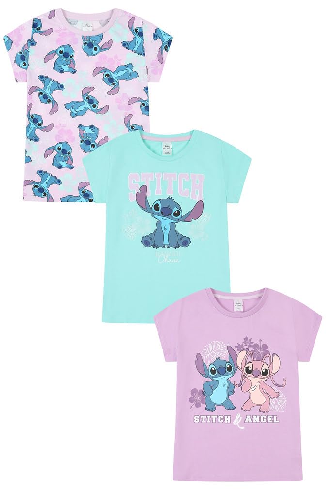 Disney Mädchen 3er-Pack Lilo und Stitch T-Shirts Kinder Angel Sommertop Kurzarm-T-Shirts