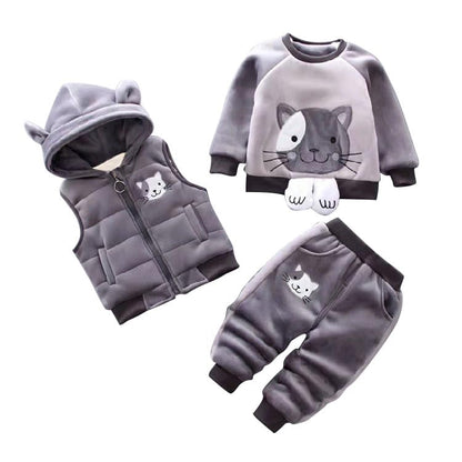 Odziezet Toddler Warm Outfit Children's Hooded Sleeveless Vest Suit Baby Winter Three Piece Outfits Child Long Sleeve Sweatshirt Trousers Sets Babies Cartoon Bear Clothing 0-4 Years