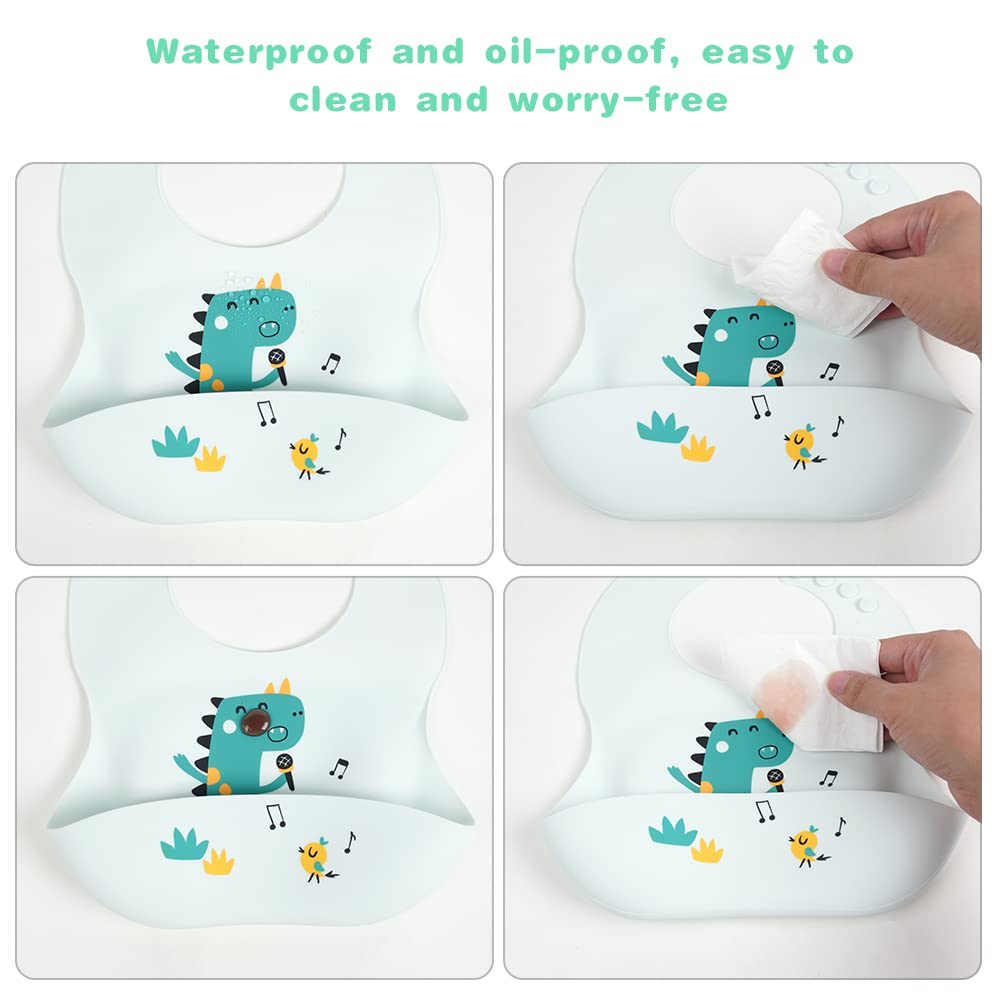 Vicloon Silikon Baby Lätzchen, 2 Stück Baby Lätzchen mit Auffangschale, BPA Frei, Einfache Reinigung, Wasserdicht Silikon-lätzchen für Jungen Mädchen, Kaninchen-Einhorn（Rosa）