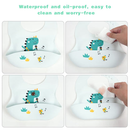 Vicloon Silikon Baby Lätzchen, 2 Stück Baby Lätzchen mit Auffangschale, BPA Frei, Einfache Reinigung, Wasserdicht Silikon-lätzchen für Jungen Mädchen, Kaninchen-Einhorn（Rosa）