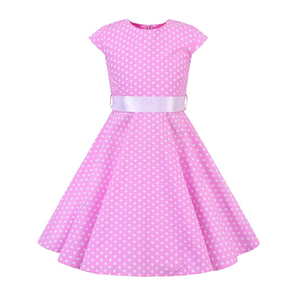 FYMNSI Girls Vintage 1950s Rockabilly Dress Party Dresses Retro Polka Dot Floral Pattern A-Line Party Dresses Pleated Skirt Knee Length for 4-12 Years 