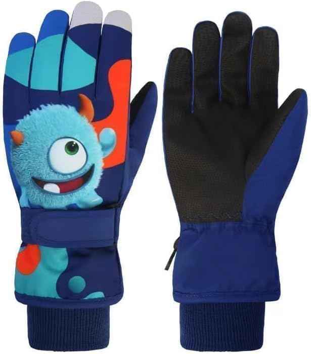 HNGEMSY Children's Winter Snow Gloves Ski Gloves for 2-13 Years Girls Boys PU Palm Waterproof Windproof Warm Fleece Winter Gloves