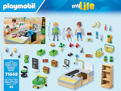 PLAYMOBIL MyLife Promo Pack 71648 Bio-Supermarkt, inklusive Kasse mit Warenlaufband, Einkaufswagen und DREI Figuren, detailreiches Spielzeug für Kinder ab 4 Jahren