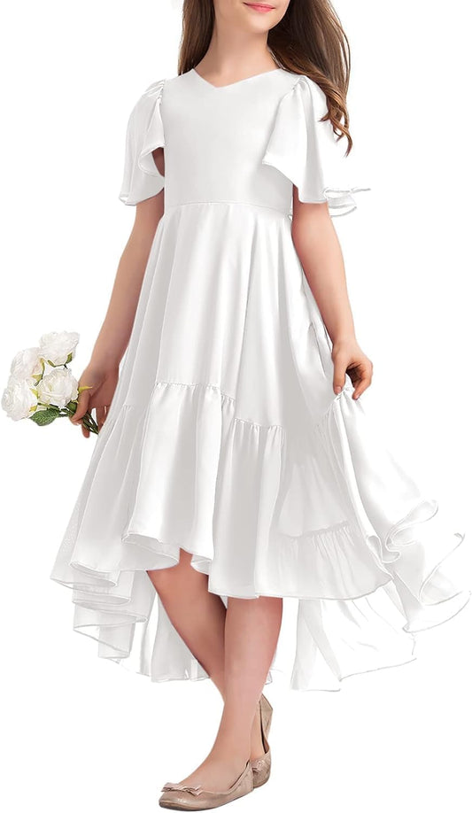 Haloumoning Mädchen Sommerkleid V-Ausschnitt Rüschenkleider Casual A Line Kleid Flowy Hoch Niedrig Lang Partykleid Elegant Langes Abendkleid