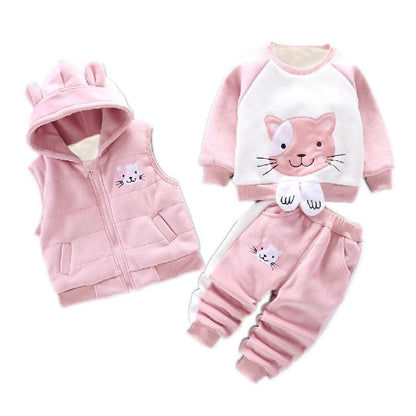 Odziezet Toddler Warm Outfit Children's Hooded Sleeveless Vest Suit Baby Winter Three Piece Outfits Child Long Sleeve Sweatshirt Trousers Sets Babies Cartoon Bear Clothing 0-4 Years