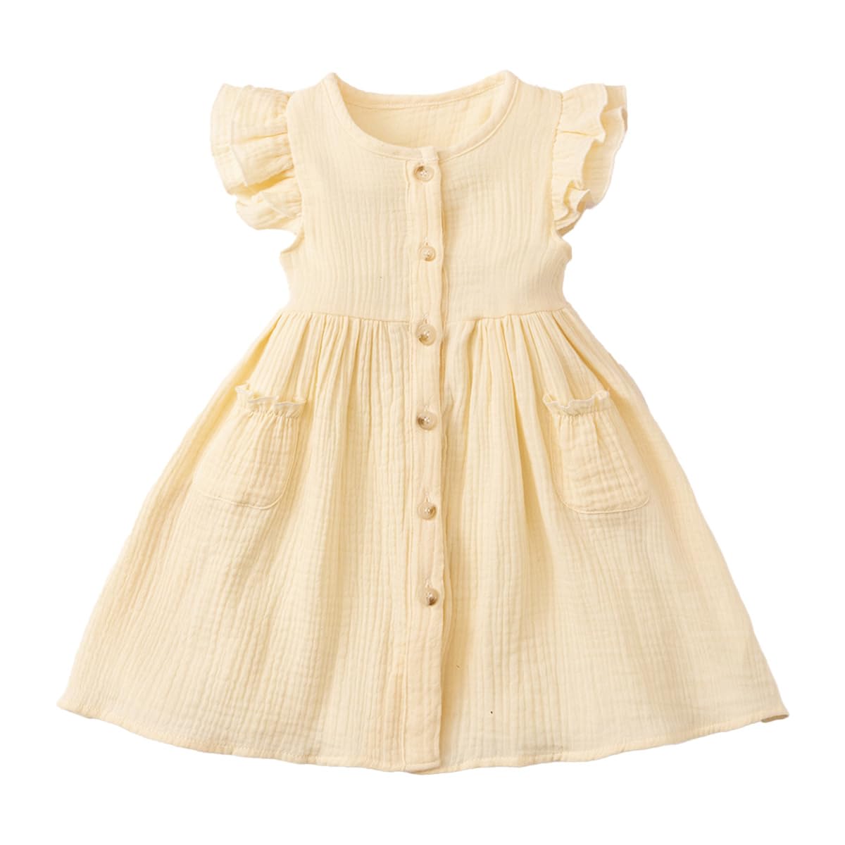 Kleinkinder Mädchen Sommerkleid Rüschenärmel Rundhalsausschnitt Knopfleiste Kleid lässiges Herbst A-Linien Party Kinderkleider 2-6 Jahre