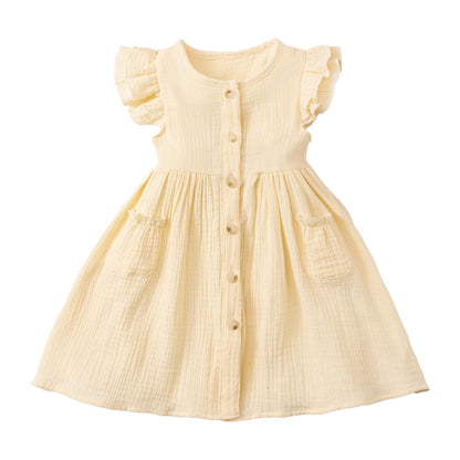 Kleinkinder Mädchen Sommerkleid Rüschenärmel Rundhalsausschnitt Knopfleiste Kleid lässiges Herbst A-Linien Party Kinderkleider 2-6 Jahre