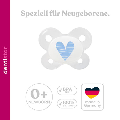 Dentistar® Silikon Schnuller 2er-Set – Größe 0 für 0-2 Monate – Zahnfreundlicher & kiefergerechter Silikonschnuller mit Dental-Stufe – Beige mit Herz-Motiv – BPA-frei – Made in Germany
