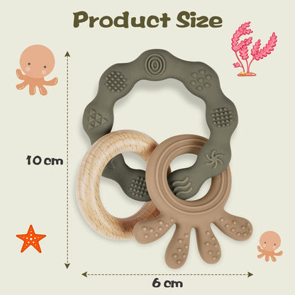 Vicloon Beißring für Babys, Beißring Spielzeug aus Silikon und Holzringe, Baby Zahnungshilfe BPA-frei, Schmerzlindernde Zahnen Nursing Zubehör für ab 3 Monaten Babys(Wal Blau)