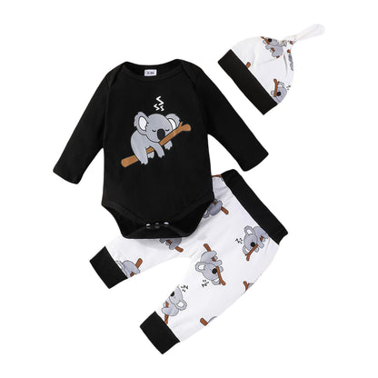 Himllauen Baby Jungen Mädchen 3-teiliges Set Koala Print Body + Hose + Hut Baby Set Kleinkind Kleidung Niedliche Outfit