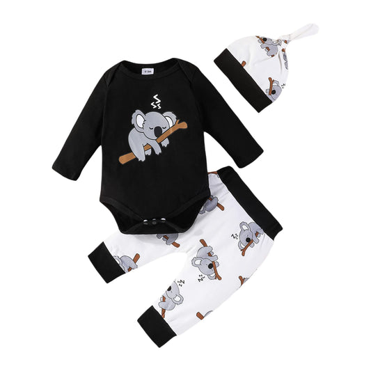 Himllauen Baby Jungen Mädchen 3-teiliges Set Koala Print Body + Hose + Hut Baby Set Kleinkind Kleidung Niedliche Outfit