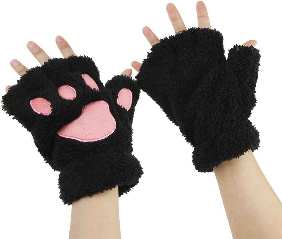 AfinderDE Half Gloves Fingerless Gloves Women Girls Plush Half Thick Warm Finger Gloves Cartoon Animal Bear Cat Claws Winter Gloves