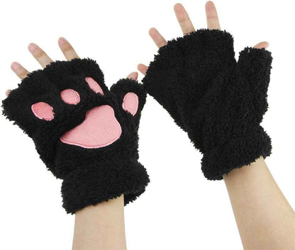 AfinderDE Half Gloves Fingerless Gloves Women Girls Plush Half Thick Warm Finger Gloves Cartoon Animal Bear Cat Claws Winter Gloves