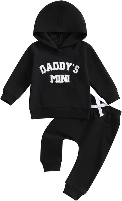 LUVCES Kleinkind Baby Jungen Outfits Langarm Daddy’s Mini Kapuzenpullover Sweatshirts + Hosen 2-teiliges Herbst Winter Frühling Kleidungsset