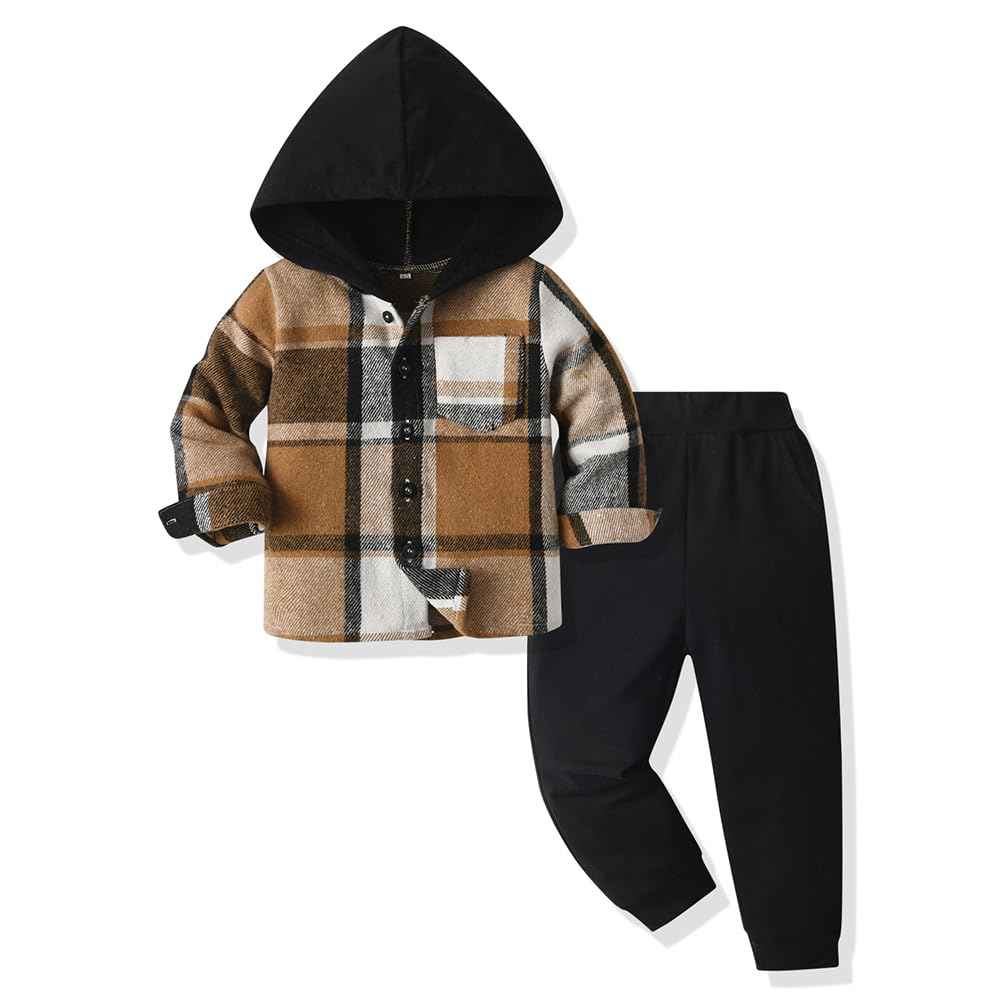 Yanmucy Toddler Baby Boys Clothing Outfit 2 Pieces Cotton Plaid Boy Hoodies Shirt Tops Trousers Set Small Boys Suit Kids Tracksuit Spring Autumn Clothing Set