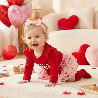 DivingBirds Baby Mädchen Outfit Rüschen Langarm My 1. Valentinstag Osterhase Strampler + Tutu Rock + Strümpfe mit Stirnband Babykleidung Set Neugeborene Fotoshooting Kleid für 0-18 Monate