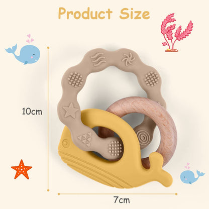 Vicloon Beißring für Babys, Beißring Spielzeug aus Silikon und Holzringe, Baby Zahnungshilfe BPA-frei, Schmerzlindernde Zahnen Nursing Zubehör für ab 3 Monaten Babys(Wal Blau)