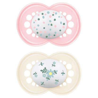 MAM Original Schnuller im 2er Set Schnuller Größe 16+ Monate, Sauger aus SkinSoft Silikon, bio-rund, mit Schnullertasche, rosa