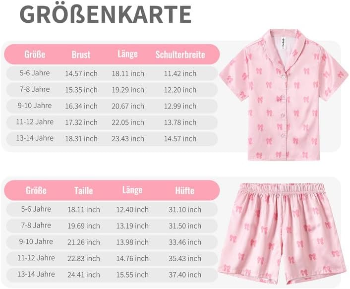 Pyjamas Mädchen Kinder, Süße Pyjama Sets, Satin Pyjamas für Mädchen 5-14 Jahre