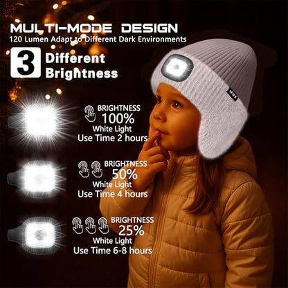 ATNKE Kinder LED Beleuchtete Ohrenklappen Mütze mit Licht,USB Wiederaufladbare 4 LED Laufmütze Stirnlampe Winter Warm Fleece Gefüttert Strick Mütze Geschenke für Jungen und Mädchen