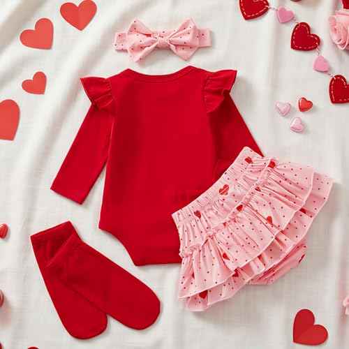 DivingBirds Baby Mädchen Outfit Rüschen Langarm My 1. Valentinstag Osterhase Strampler + Tutu Rock + Strümpfe mit Stirnband Babykleidung Set Neugeborene Fotoshooting Kleid für 0-18 Monate