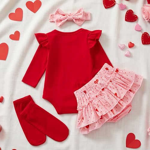 Baby Mädchen Outfit Rüschen Langarm My 1. Valentinstag Osterhase Strampler + Tutu Rock + Strümpfe mit Stirnband Babykleidung Set Neugeborene Fotoshooting Kleid für 0-18 Monate