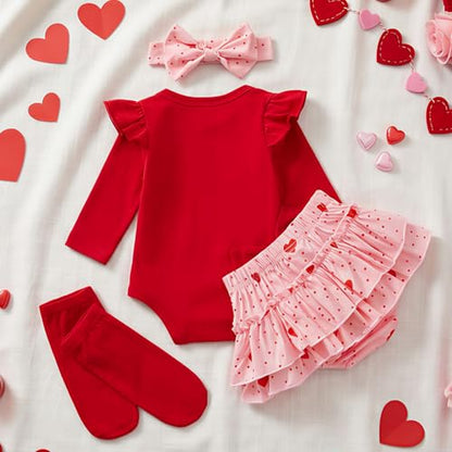 Baby Mädchen Outfit Rüschen Langarm My 1. Valentinstag Osterhase Strampler + Tutu Rock + Strümpfe mit Stirnband Babykleidung Set Neugeborene Fotoshooting Kleid für 0-18 Monate