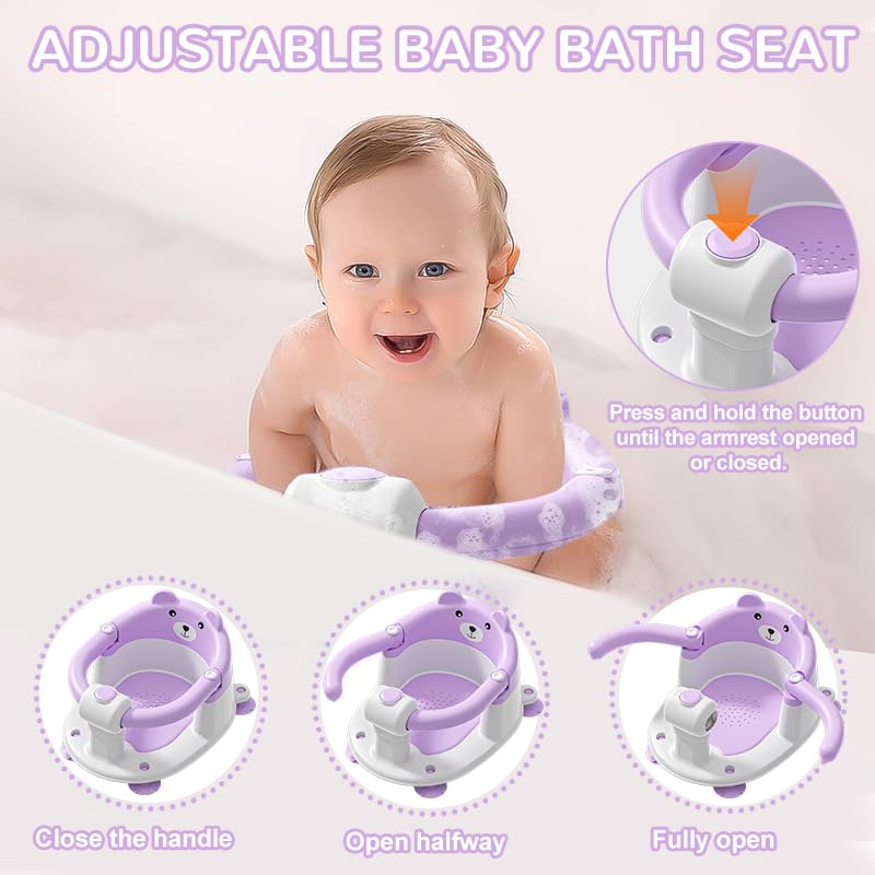 Baby Bath Seat from 6 Months, Bear Non-Slip Bath Seat Baby with 4 Suction Cups and Cushions for Toddlers and Newborns, Safe Portable Bath Chair for Shower or Bathtub, Pink