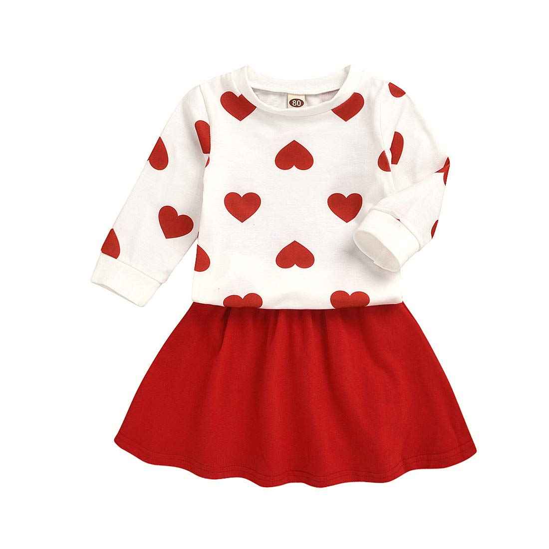 Toddler Baby Girl Valentine's Day Outfits Long Sleeve Heart Print Pullover Sweatshirt T-Shirt Tops + Mini Skirt 2 Pieces Spring Autumn Clothing Set