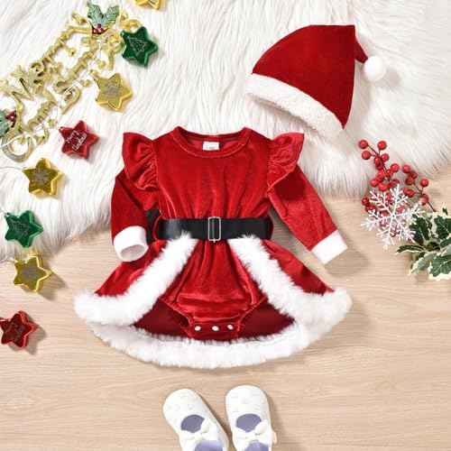 Odizli Baby Christmas Outfit Girls Autumn Winter Santa Velvet Romper Dress + Christmas Hat