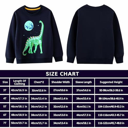 FILOWA Sweatshirt Kinder Junge Leuchtet im Dunkeln Dinosaurier Sweatshirt Astronauten Drucken Pullover Sport Marineblau Langarm Warm Baumwolle Top Jogging Sweatshirt 2-7 Jahre,Gr.92-122