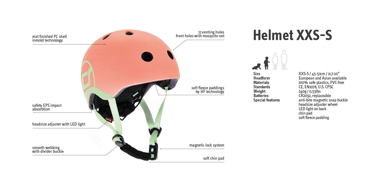 Scoot and Ride Babyhelm mit verstellbaren Trägern, Mattes Finish, Größen XXS, inklusive LED-Sicherheitslicht und weicher Fleece-Polsterung für zusätzlichen Schutz