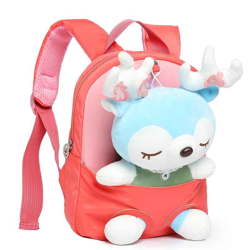 MIDSuN Small Children's Backpack, Removable Plush Doll, Nursery Backpack, Deer Nursery Backpack, Children's Bag for 2-5 Years, Nursery Boys and Girls