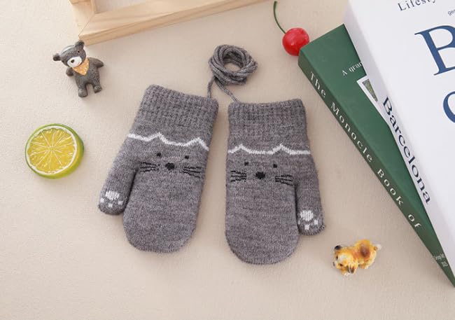 Kids Winter Gloves Mittens Baby Cartoon Mitten Neck Gloves Thick Double Knitted Glove with Plush,0 - 3 years old, Playing, Running, Skiing