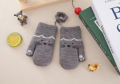 Kids Winter Gloves Mittens Baby Cartoon Mitten Neck Gloves Thick Double Knitted Glove with Plush,0 - 3 years old, Playing, Running, Skiing