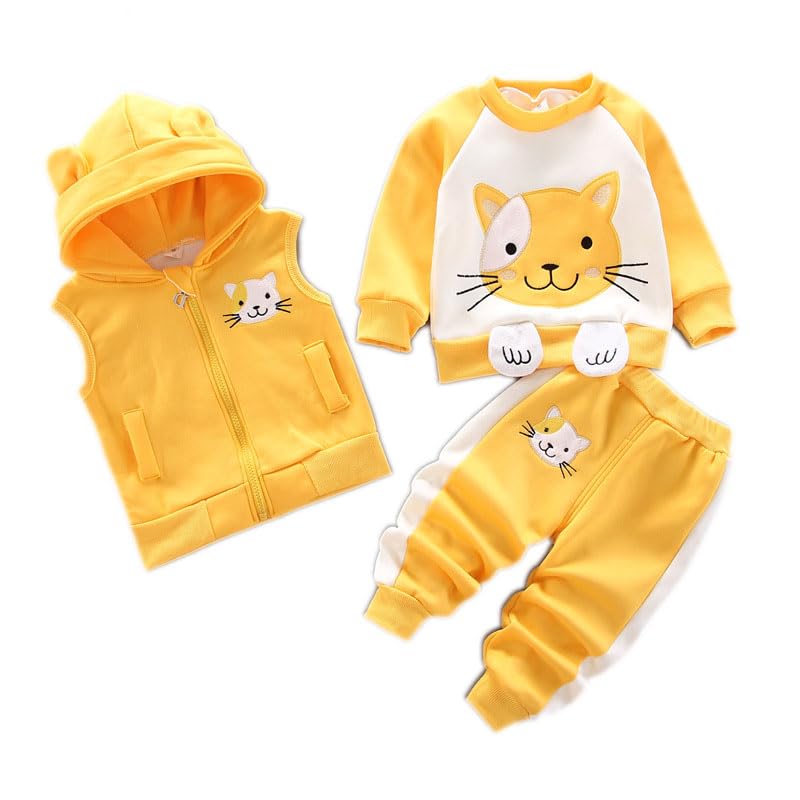 Odziezet Toddler Warm Outfit Children's Hooded Sleeveless Vest Suit Baby Winter Three Piece Outfits Child Long Sleeve Sweatshirt Trousers Sets Babies Cartoon Bear Clothing 0-4 Years