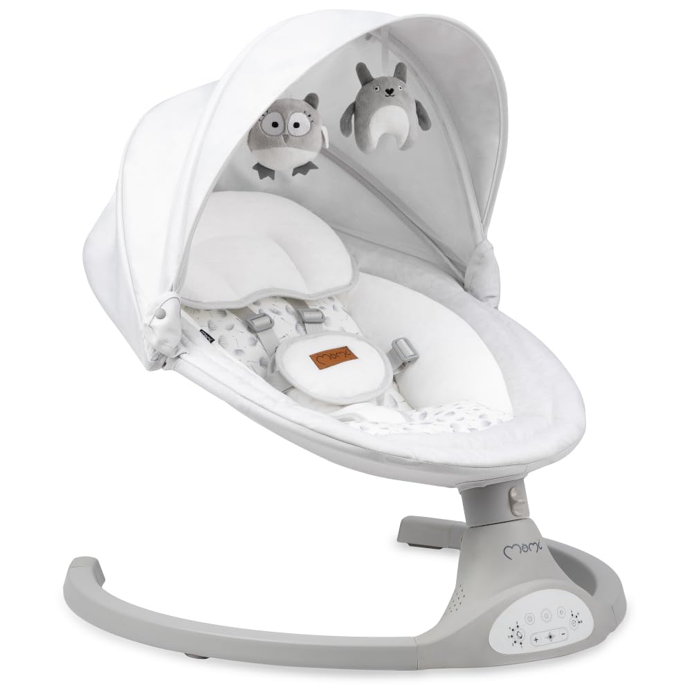 MoMi KENANI baby bouncer for children up to 9 kg, foldable, with remote control &amp; Bluetooth for connecting to a smartphone, battery or power connection, with 5-point safety belt, sun protection, insect net 