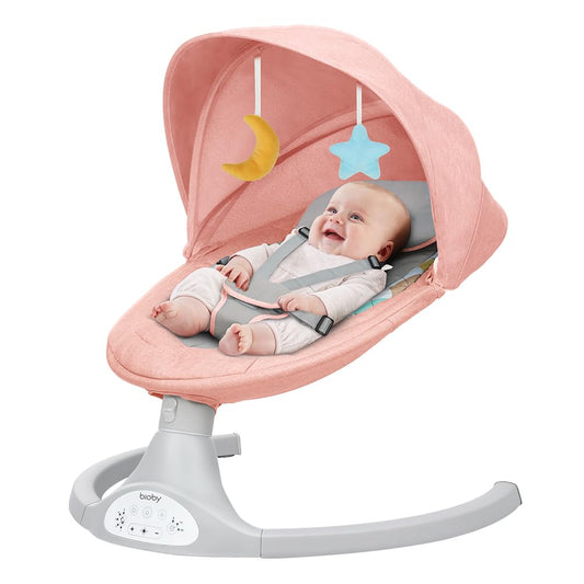 Bioby Elektrische Babywippe | Babyschaukel mit 5-Punkt-Gurt & 5 Schaukelmodi, Leicht & Sicher Wippe Baby Elektronisch mit Bluetooth-Musik & Fernbedienung, für 0-12 Monate (2-9 kg), Grau