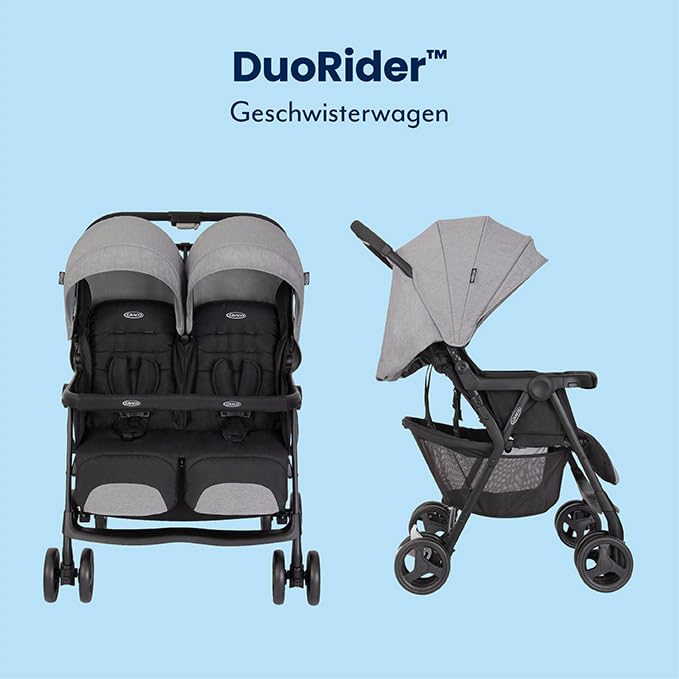 Graco DuoRider™ Double Pushchair - Baby Stroller - From Birth to 3 Years (15kg) Lightweight Quick Fold Free Standing Large Storage Basket - Includes Rain Cover - Grey - Steeple Gray