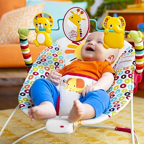Bright Starts, Babywippe Babyschaukel Safari Fun mit Beruhigenden Vibrationen, Spielbogen mit 2 Spielzeugen, 3-Punkte-Gurt Sitz, Maschinenwaschbares Sitzpolster, ab der Geburt bis 9kg